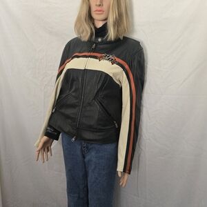 Harley-Davidson Leather Jacket in Black and Cream with Orange Stripes